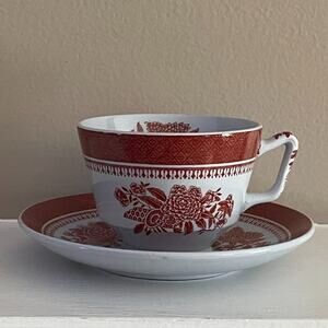 Vintage Spode Fitzhugh Pattern, Red, White, Floral, Set of 4 Teacups & Saucers